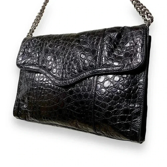 Rebecca Minkoff Black Leather Croc Embossed Silver Chain Crossbody Bag Purse - Picture 7 of 10